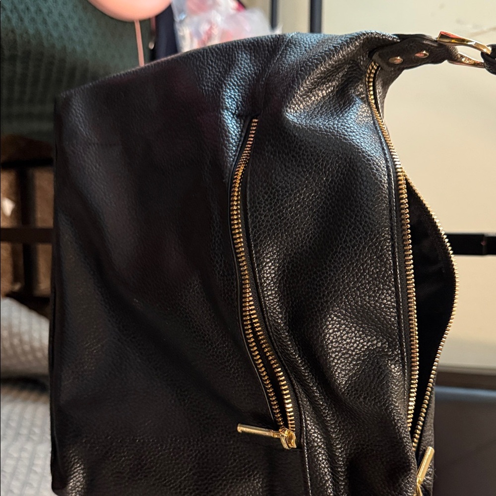 Black Leather Handbag with Gold Zippers